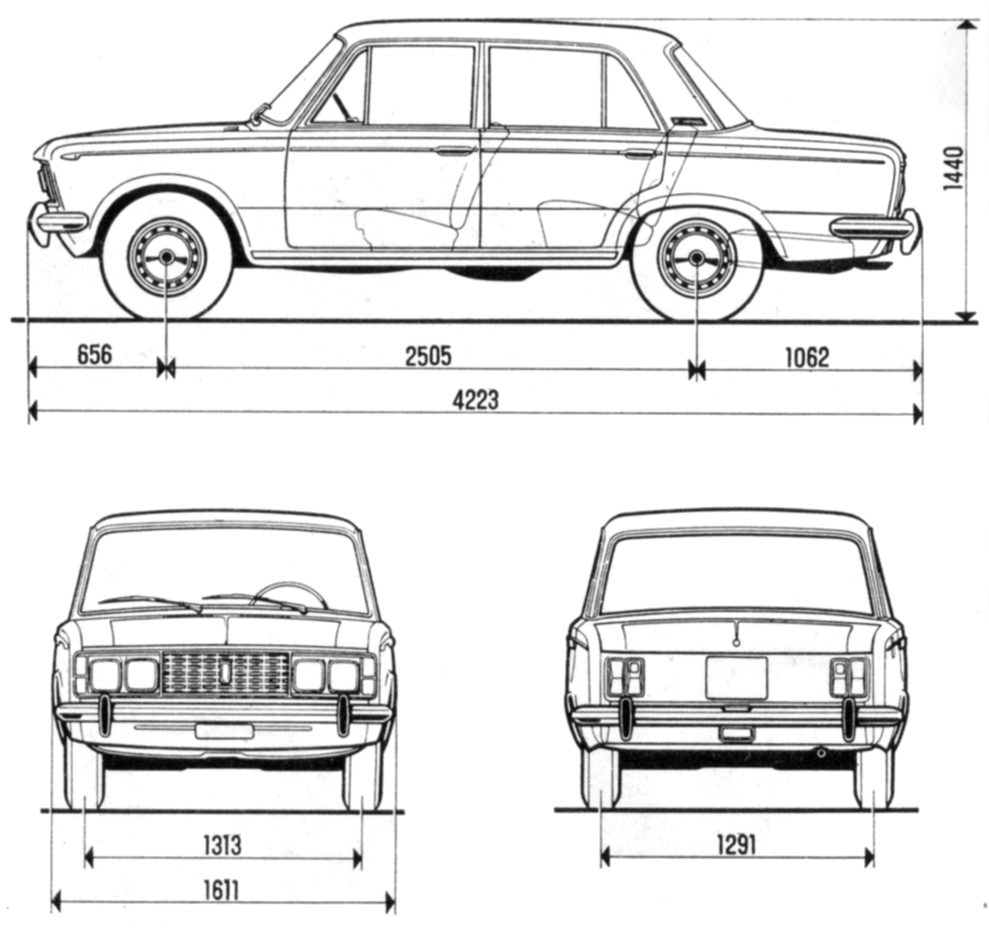 FIAT 125 (1967-1972) dimension drawing